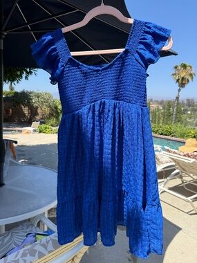 Royal Blue Smocked Babydoll Dress Ruffle Sleeve Summer Mini Dress Size Small